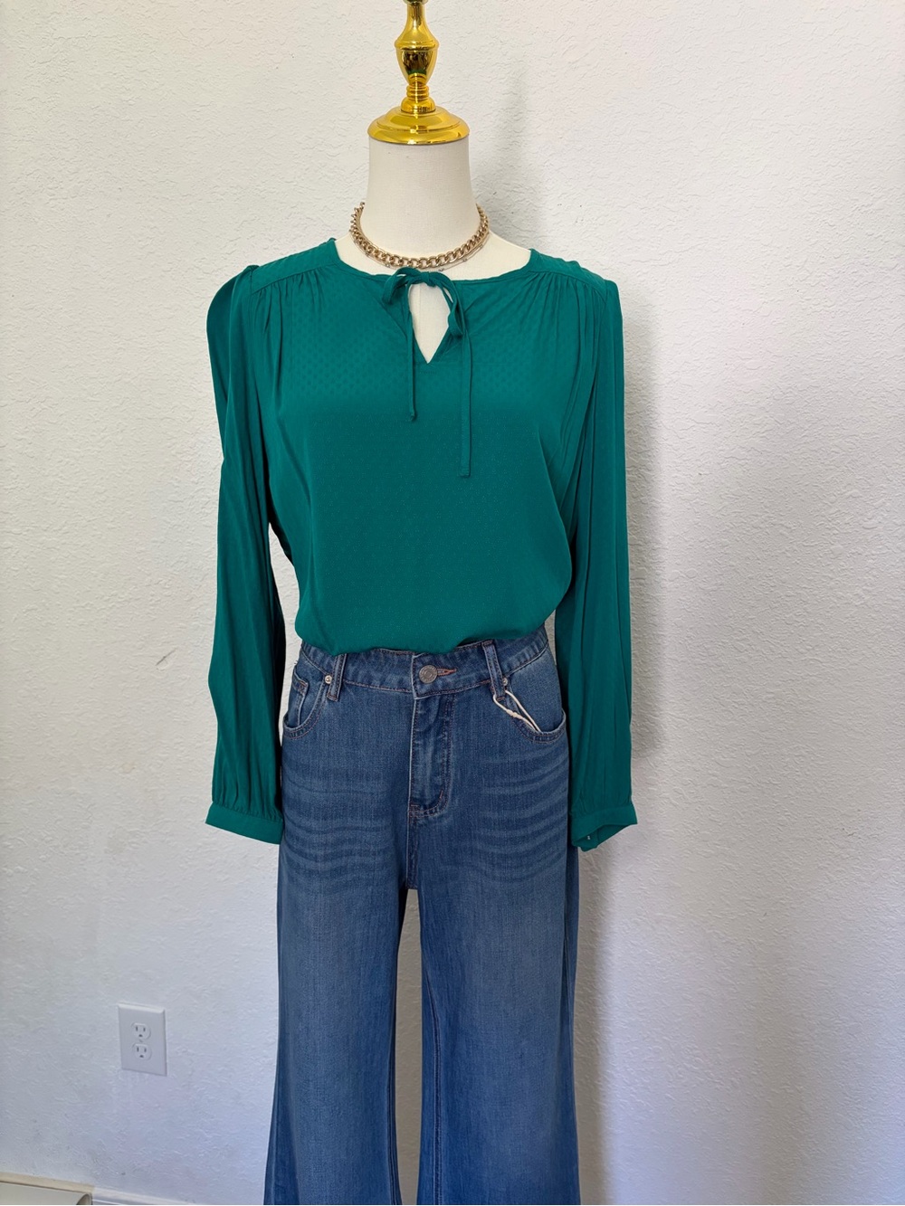 LOFT Teal Tie-Neck Long Sleeve Blouse